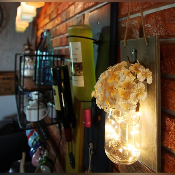 Hanging Mason Jar Sconces with LED Fairy Lights, Silk Hydrangea, NEW in Box - Picture 2 of 11